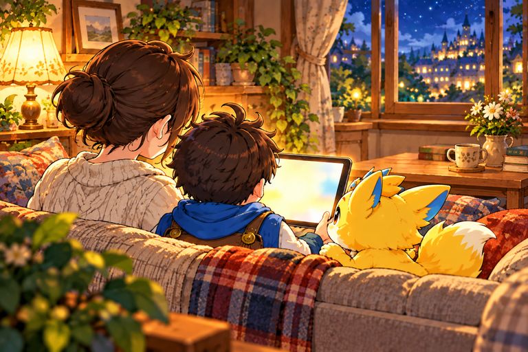 家でタブレットを見ながら学ぶ親子
