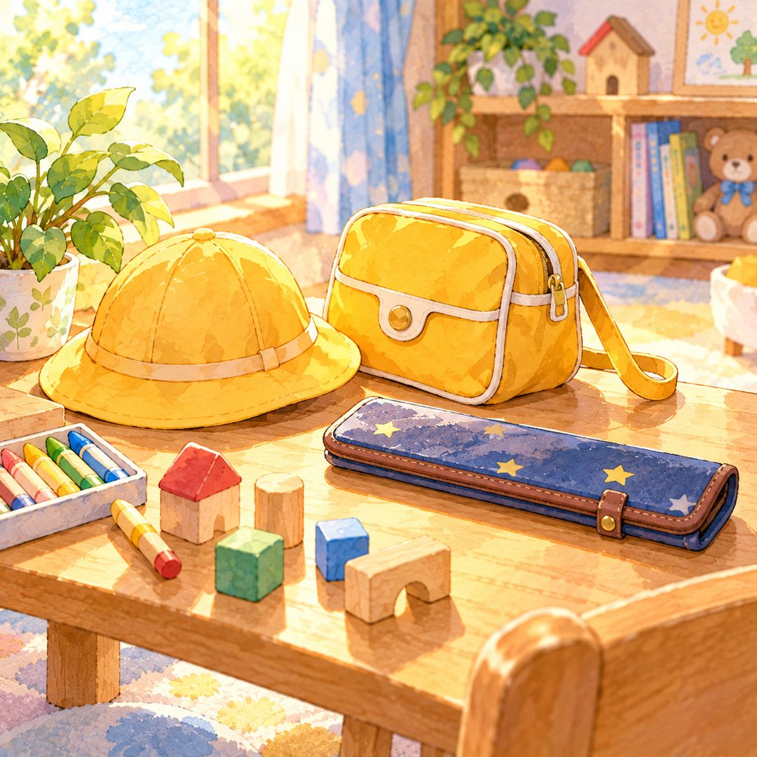 明るい部屋の低い机。黄色い通園ぼうしと通園かばん、積み木、クレヨン、閉じたそろばんのケース