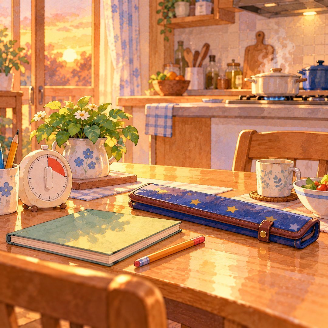 夕方の食卓。キッチンタイマー、ノート、えんぴつ、閉じたそろばんのケース。奥のなべから湯気
