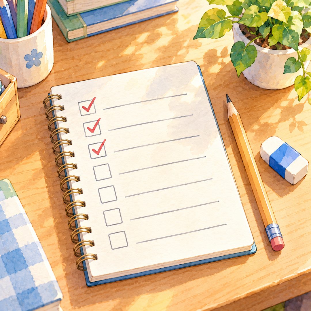 A notebook on a bright desk with seven checkboxes, three of them ticked in red, next to a pencil and an eraser