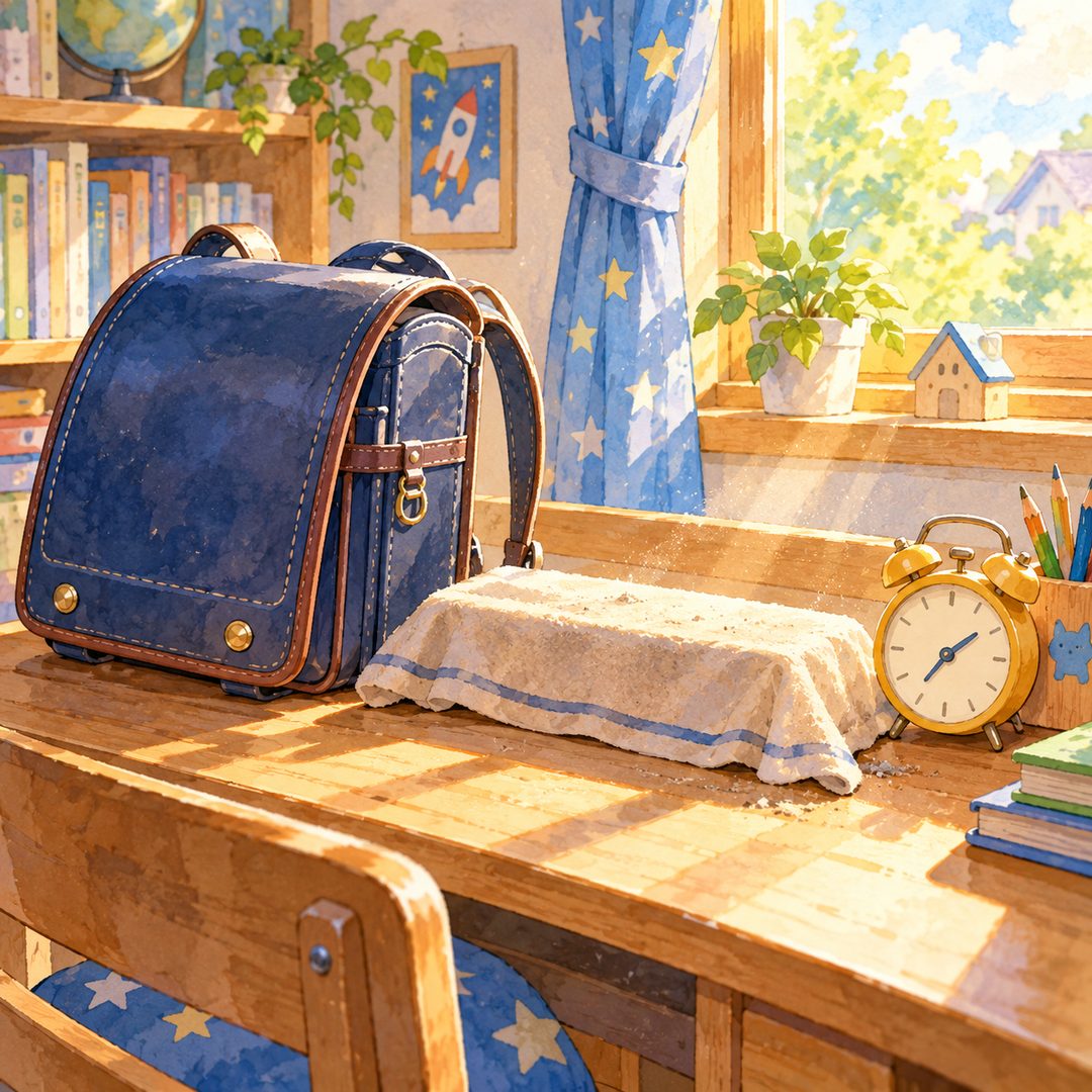 朝の子ども部屋。机の上にランドセルと、布がかかって少しほこりをかぶったそろばん、目ざまし時計